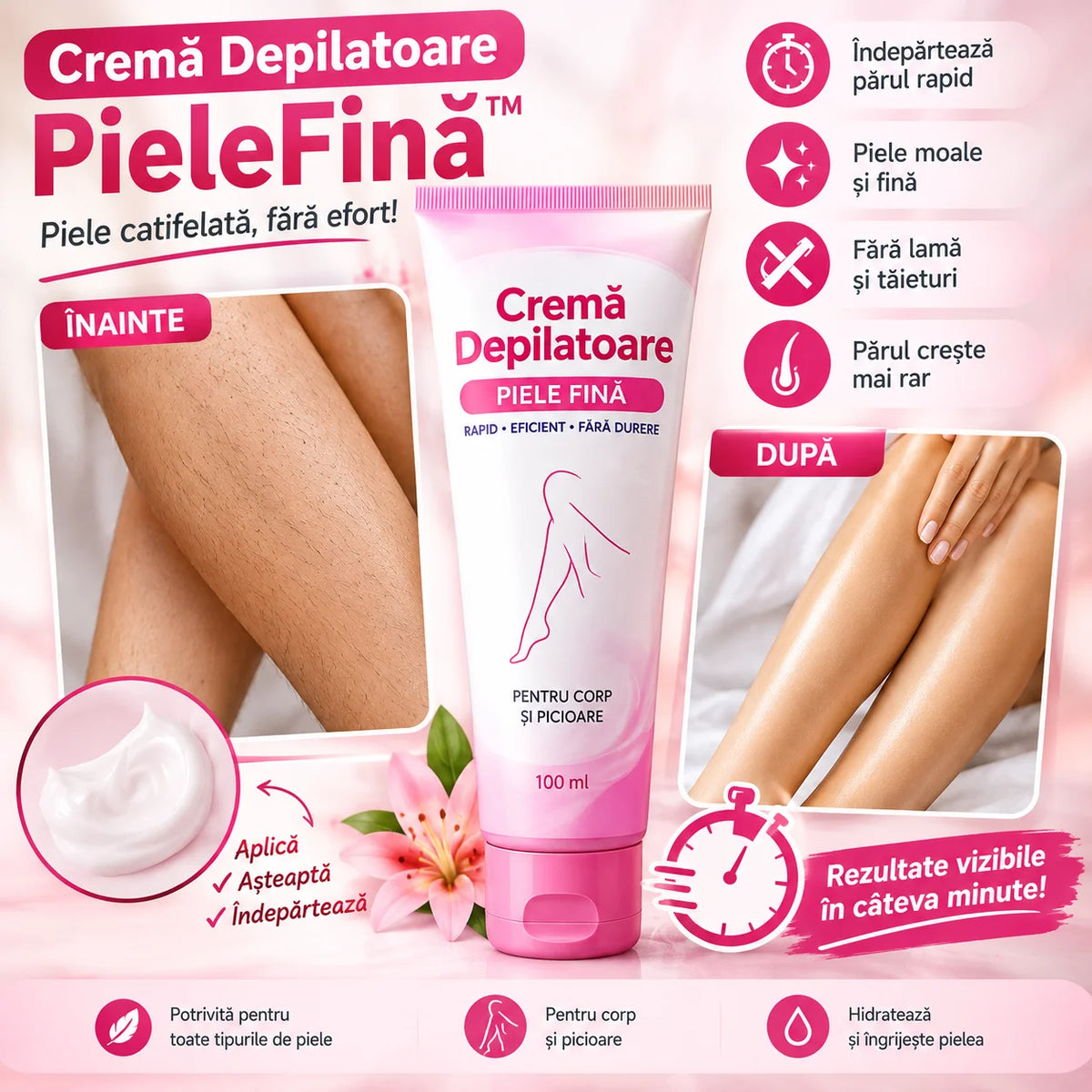 Cremă Depilatoare PieleFină – Scapă De Păr În Câteva Minute