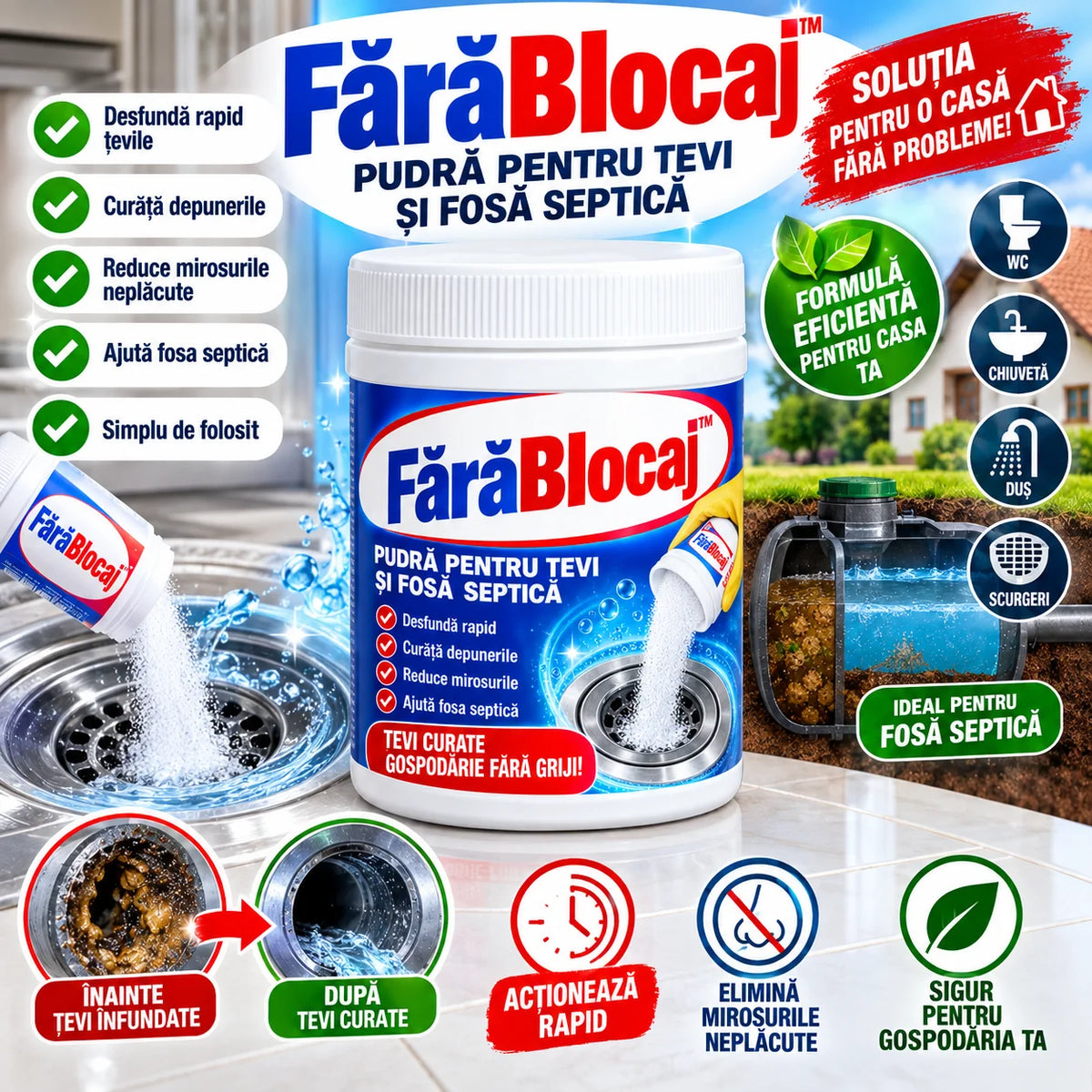 Pudră Pentru Țevi și Fosă FărăBlocaj