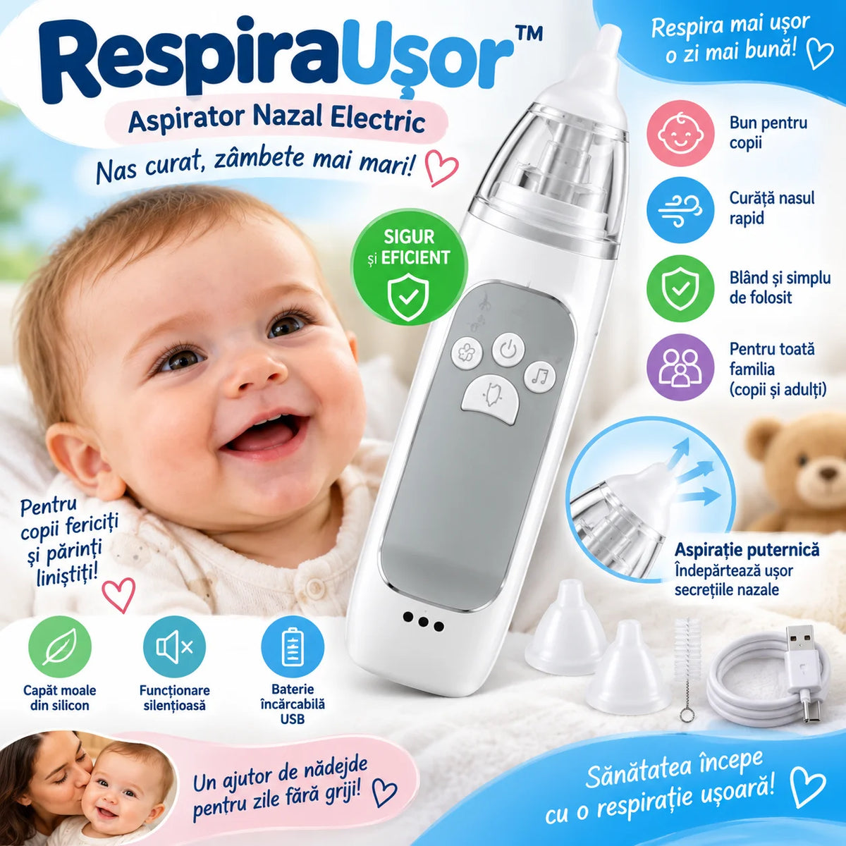 Aspirator Nazal RespiraUșor – Curăță Nasul Rapid, Fără Chin