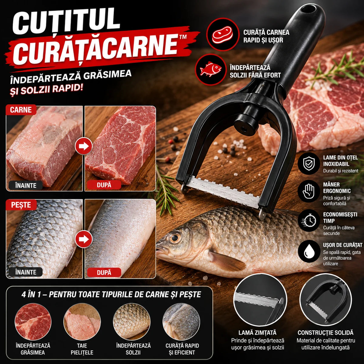 Cuțitul CurățăCarne – Îndepărtează Grăsimea și Solzii Rapid