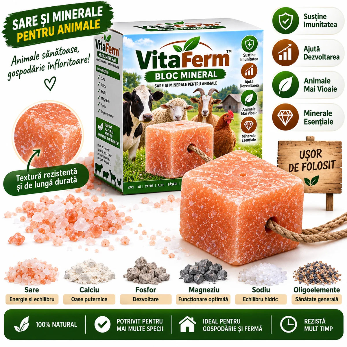 Bloc Mineral VitaFerm – Sare și Minerale Pentru Animale